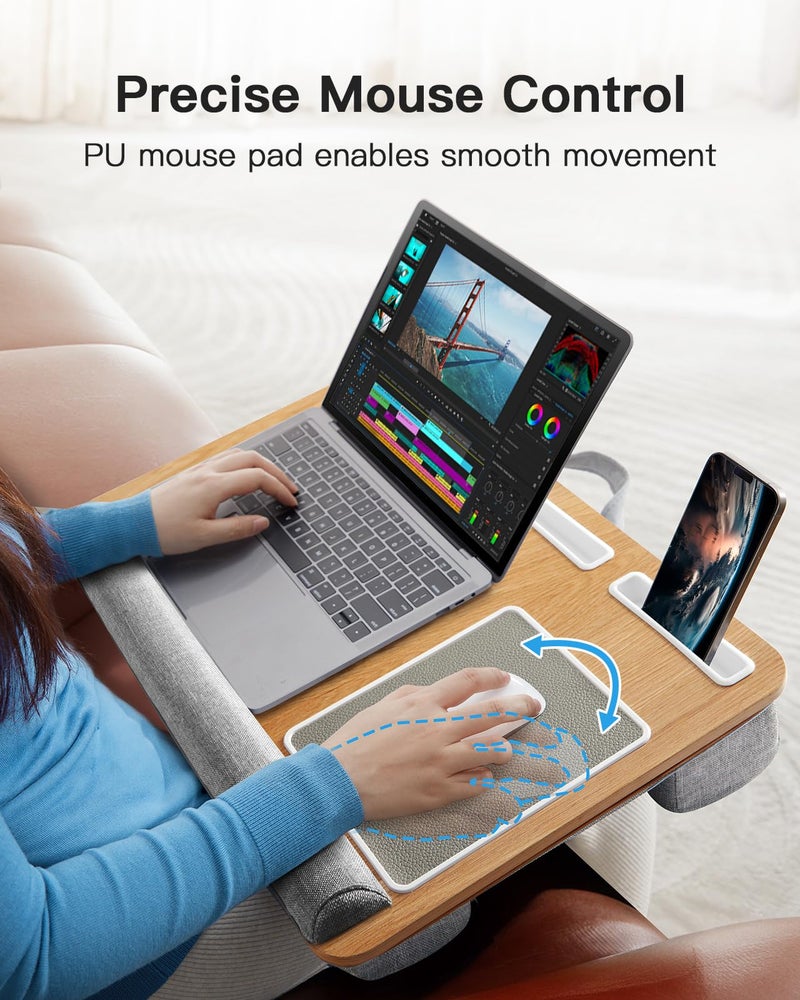 HUANUO Lap Desk - Fits up to 17 inches Laptop Desk, Built in Mouse Pad & Wrist Pad for Notebook, Laptop, Tablet, Lap Stand with Tablet, Pen & Phone Holder, Wood Grain - Image 4